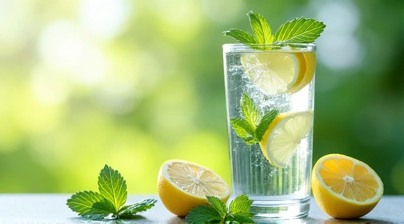 Un vaso de agua fresca con rodajas de limón y menta.