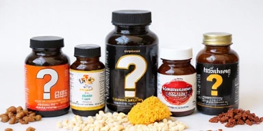 Imagen de varios botes de suplementos con un signo de interrogación.
