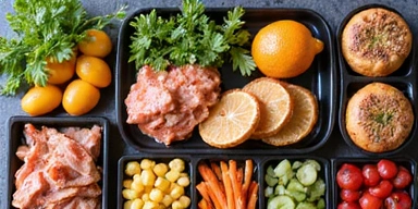 Una imagen de un plan de comidas bien organizado con alimentos saludables.