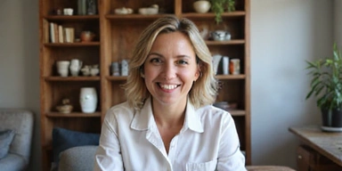 Una imagen de una persona sonriendo mientras consulta con un nutricionista online.