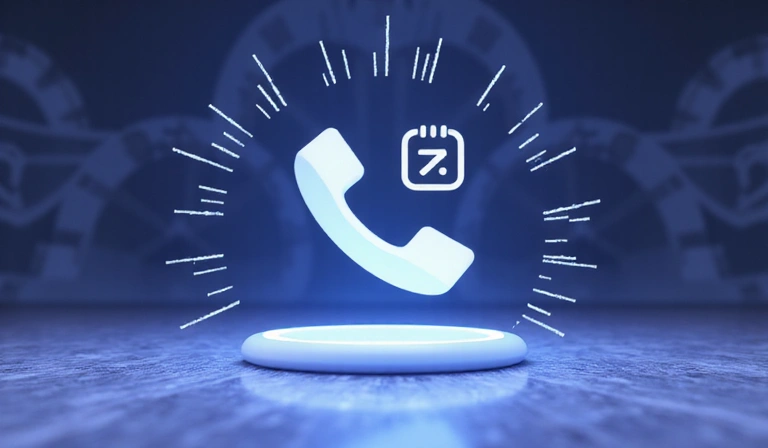 Un teléfono estilizado y un icono de mensaje flotando en un espacio abstracto y moderno, con ondas de comunicación que se extienden, invitando a la comunicación y la conexión.