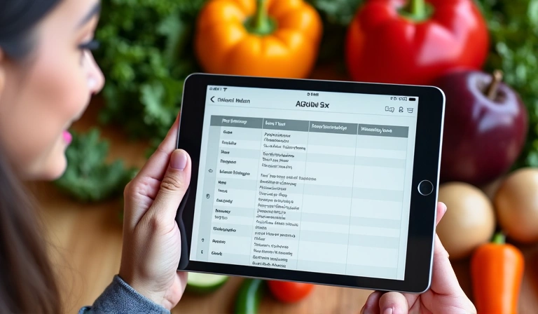 Una persona sonriendo mientras consulta una tableta con un plan de alimentación personalizado, rodeada de ingredientes frescos y saludables como frutas, verduras y granos enteros. No texto.