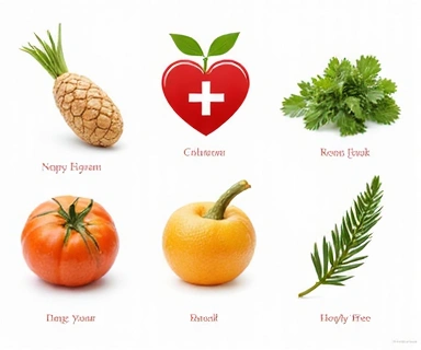 Símbolos de salud y alimentos específicos para dietas especiales, con un enfoque en el cuidado y la atención médica.