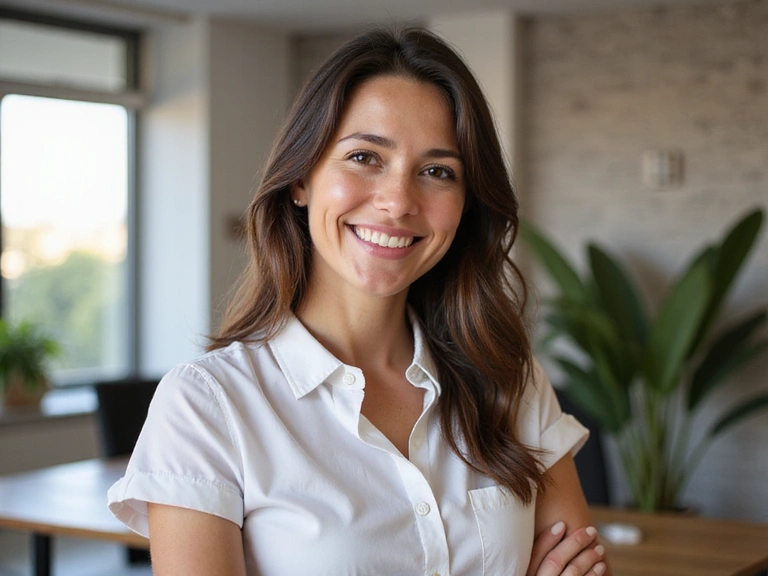 Retrato profesional y amigable de una nutricionista femenina, Laura Pérez, en un entorno luminoso y acogedor, con un aire de calma y cercanía.